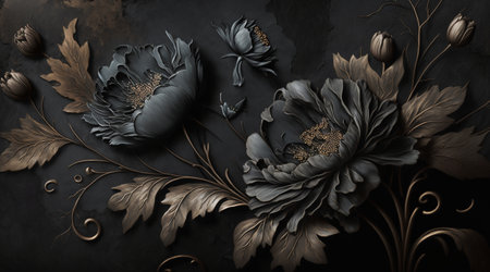 Generative AI, Close up of blooming flowerbeds of amazing black flowers on dark gothic moody floral textured background. photorealistic effect.の素材
