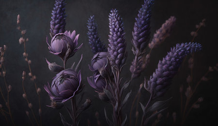 Generative AI, Close up of blooming flowerbeds of amazing lavender purple flowers on dark moody floral textured background. Photorealistic effects..の素材