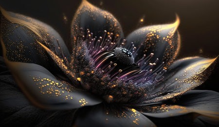 Generative AI, Close up of blooming flowerbeds of amazing black flowers on dark gothic moody floral textured background. photorealistic effect.の素材