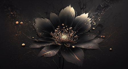 Generative AI, Close up of blooming flowerbeds of amazing black flowers on dark gothic moody floral textured background. photorealistic effect.の素材