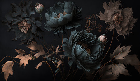 Generative AI, Close up of blooming flowerbeds of amazing black flowers on dark gothic moody floral textured background. photorealistic effect.の素材