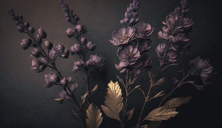 Generative AI, Close up of blooming flowerbeds of amazing lavender purple flowers on dark moody floral textured background. Photorealistic effects..の素材