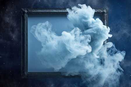 Generative AI, Blue flowing smoke around empty vintage beautiful frame. Copy space, frame mock up blankの素材