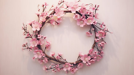Generative AI, wreath of little light pink cherry sakura flowers with copy space, natural organic floral frameの素材