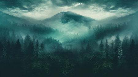 Generative AI, Misty fir forest beautiful landscape in hipster vintage retro style, foggy mountains and treesの素材
