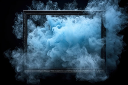 Generative AI, Blue flowing smoke around empty vintage beautiful frame. Copy space, frame mock up blankの素材