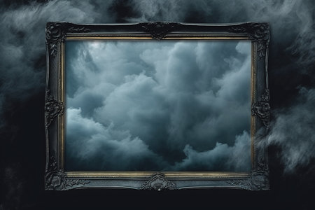 Generative AI, Blue flowing smoke around empty vintage beautiful frame. Copy space, frame mock up blankの素材