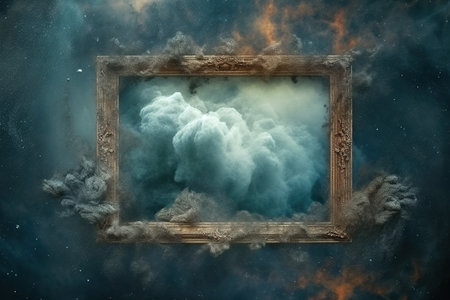 Generative AI, Blue flowing smoke around empty vintage beautiful frame. Copy space, frame mock up blankの素材
