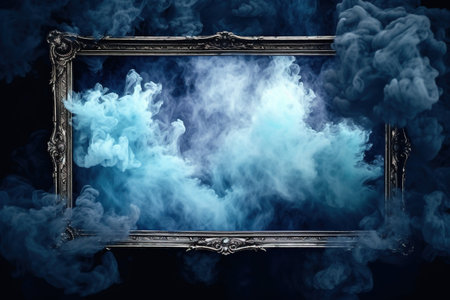 Generative AI, Blue flowing smoke around empty vintage beautiful frame. Copy space, frame mock up blankの素材