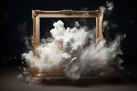 Generative AI, White powder splash and smoke around empty vintage beautiful frameの素材