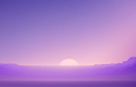 Generative AI, Beautiful gradient scene landscape with light purple, digital lavender color, horizontal wallpaper. Abstract background with clouds and horizonの素材