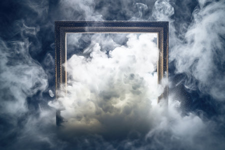 Generative AI, White powder splash and smoke around empty vintage beautiful frame.の素材