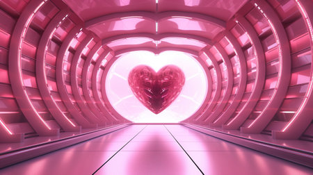 Generative AI, Futuristic space ship room with pink heart in cyberpunk style illustration. Love, feelings, romantic St. Valentine's day concept. Sci fi realistic 3d effect.の素材