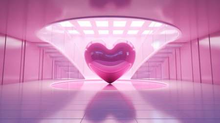 Generative AI, Futuristic space ship room with pink heart in cyberpunk style illustration. Love, feelings, romantic St. Valentine's day concept. Sci fi realistic 3d effect.の素材