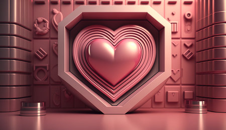 Generative AI, Futuristic space ship room with pink heart in cyberpunk style illustration. Love, feelings, romantic St. Valentine's day concept. Sci fi realistic 3d effect.の素材