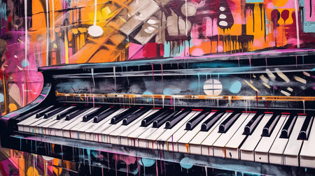 Generative AI, Jazz music street art with piano musical instrument silhouette. Ink colorful graffiti art on a textured wall, canvas backgroundの素材