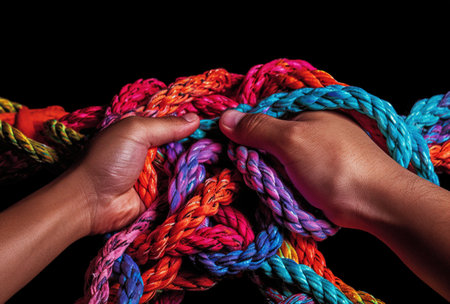 Generative AI, peoples hands working together to untangle a knotted rope. business teamwork.の素材