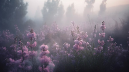 Generative AI, Close up growing lavender field with perfume smoke, flowering lavandula, pink purple flowers and grass.の素材