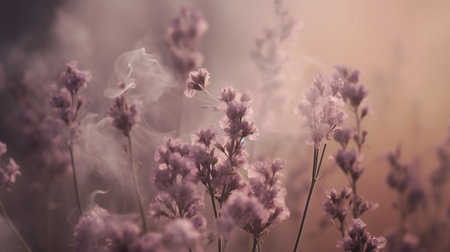 Generative AI, Close up growing lavender field with perfume smoke, flowering lavandula, pink purple flowers and grass.の素材