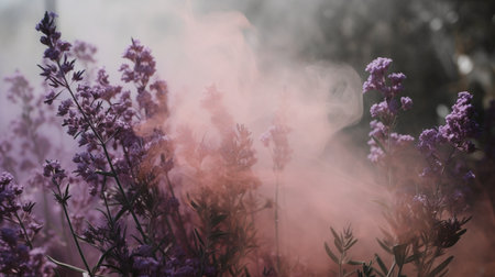 Generative AI, Close up growing lavender field with perfume smoke, flowering lavandula, pink purple flowers and grass.の素材