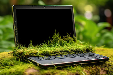 Generative AI, Laptop covered in moss and plants. nature and technology conceptの素材