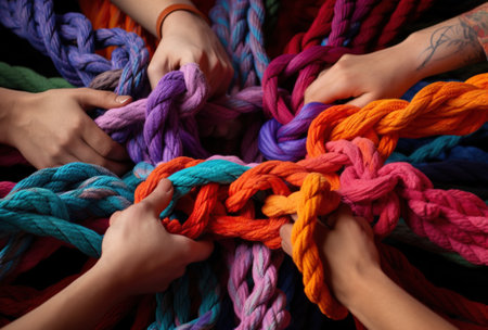 Generative AI, peoples hands working together to untangle a knotted rope. business teamwork.の素材