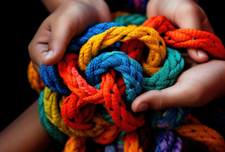 Generative AI, peoples hands working together to untangle a knotted rope. business teamwork.の素材