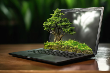 Generative AI, Laptop covered in moss and plants. nature and technology conceptの素材