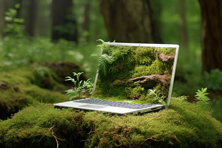 Generative AI, Laptop covered in moss and plants. nature and technology conceptの素材