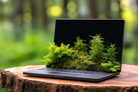 Generative AI, Laptop covered in moss and plants. nature and technology conceptの素材