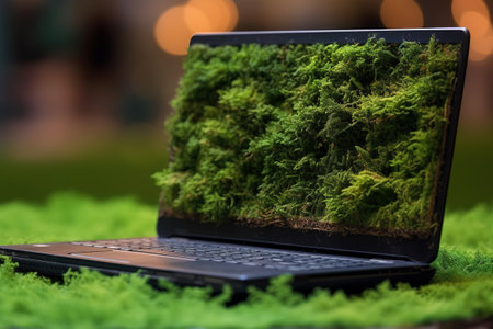 Generative AI, Laptop covered in moss and plants. nature and technology conceptの素材