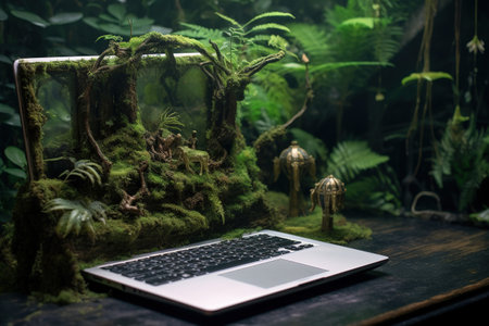 Generative AI, Laptop covered in moss and plants. nature and technology conceptの素材