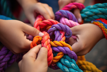 Generative AI, peoples hands working together to untangle a knotted rope. business teamwork.の素材