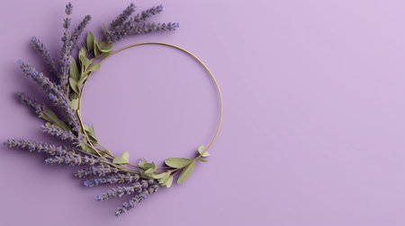 Generative AI, wreath of lavender branches flowers with copy space, natural organic floral frame violet backgroundの素材