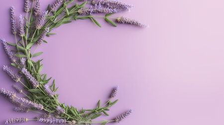 Generative AI, wreath of lavender branches flowers with copy space, natural organic floral frame violet backgroundの素材