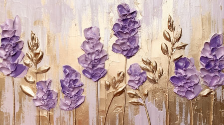 Generative AI, lavender branches hand drawn oil painting with golden leaves on white backgroundの素材