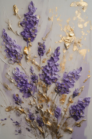 Generative AI, lavender branches hand drawn oil painting with golden leaves on white backgroundの素材