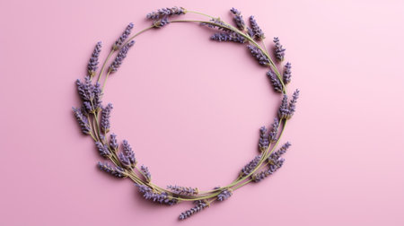 Generative AI, wreath of lavender branches flowers with copy space, natural organic floral frame violet backgroundの素材