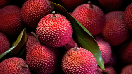Generative AI, Macro Fresh Juicy of lychee fruit background. Closeup photo, summer Thailand food.の素材