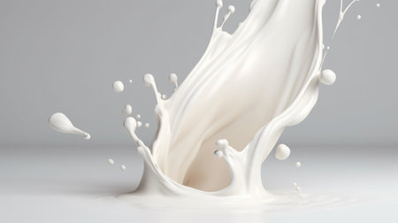 Generative AI, Flowing liquid with splashes in white color. Glossy creamy milk fluid banner, 3D effect, modern macro photorealistic abstract background illustrationの素材