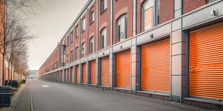 Generative AI, Mini colorful metal self storage facilities rental units, warehouse exterior, industry garage building.の素材