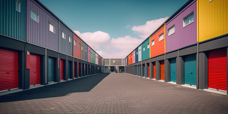 Generative AI, Mini colorful metal self storage facilities rental units, warehouse exterior, industry garage building.の素材