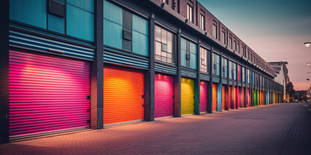 Generative AI, Mini colorful metal self storage facilities rental units, warehouse exterior, industry garage building.の素材