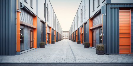 Generative AI, Mini colorful metal self storage facilities rental units, warehouse exterior, industry garage building.の素材