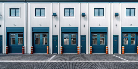 Generative AI, Mini colorful metal self storage facilities rental units, warehouse exterior, industry garage building.の素材
