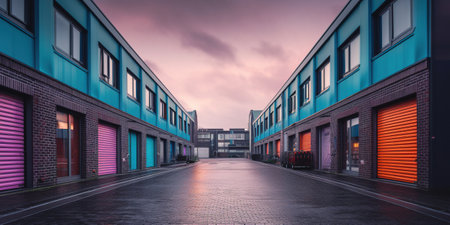 Generative AI, Mini colorful metal self storage facilities rental units, warehouse exterior, industry garage building.の素材