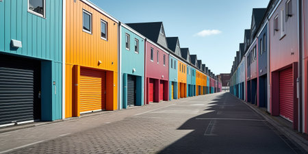 Generative AI, Mini colorful metal self storage facilities rental units, warehouse exterior, industry garage building.の素材