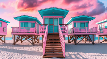 Generative AI, Miami Summer Vibes retro illustration. Vintage pink and blue colors, buildings, California palms, 80s styleの素材