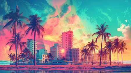 Generative AI, Miami Summer Vibes retro illustration. Vintage pink and blue colors, buildings, California palms, 80s styleの素材