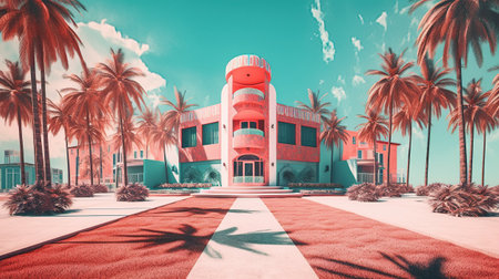 Generative AI, Miami Summer Vibes retro illustration. Vintage pink and blue colors, buildings, California palms, 80s styleの素材